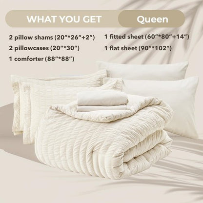 HYMOKEGE Ivory Queen Comforter Set Seersucker 7 Pieces, All Season Luxury Bed in a Bag for Bedroom, Bedding Set with Comforters, Sheets, Pillowcases & Shams