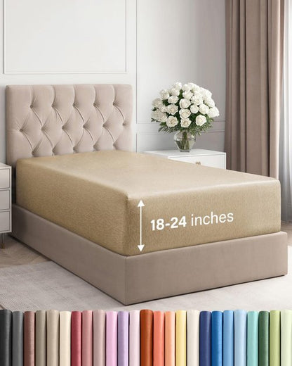 Extra Deep Twin XL Fitted Sheet - Hotel Luxury Single Fitted Sheet Only - Easily Fits 18 inch to 24 inch Mattress - Ultra Soft, Wrinkle Free w/Extra Deep Pockets - Breathable & Comfy - Heathered Tan