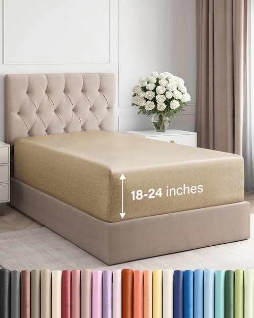 Extra Deep Twin XL Fitted Sheet - Hotel Luxury Single Fitted Sheet Only - Easily Fits 18 inch to 24 inch Mattress - Ultra Soft, Wrinkle Free w/Extra Deep Pockets - Breathable & Comfy - Heathered Tan