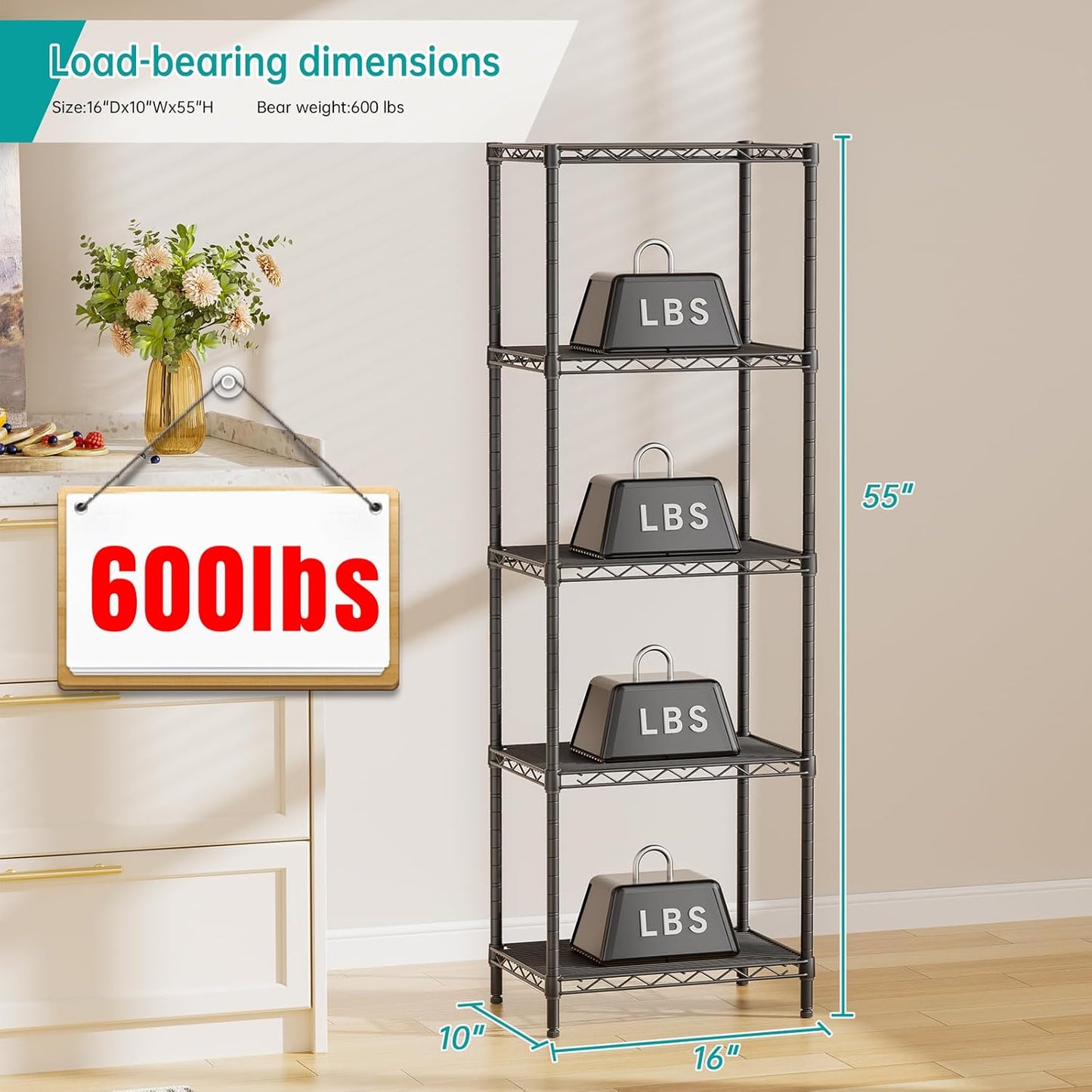 SINGAYE Metal Shelves - Adjustable Wire Shelving Unit for Kitchen, Laundry & Bathroom | 10" D x 16" W x 55" H - Black