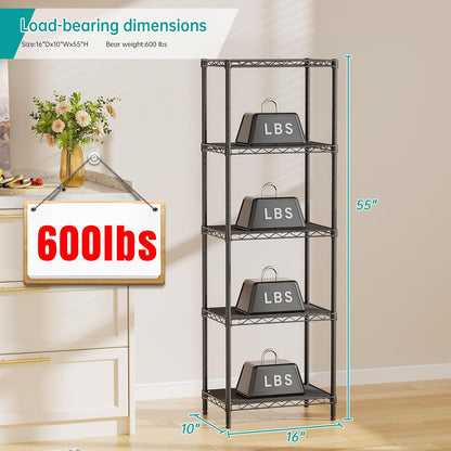 SINGAYE Metal Shelves - Adjustable Wire Shelving Unit for Kitchen, Laundry & Bathroom | 10" D x 16" W x 55" H - Black
