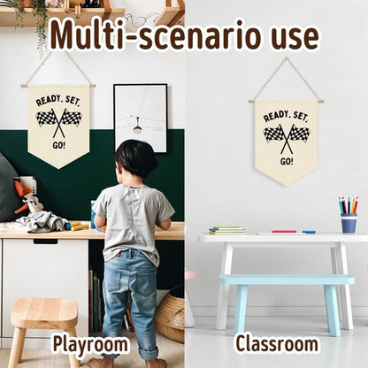 Dilemat Race Car Room Decor for Boys Linen Pennant Banner - Ready Set Go Racing Pennant Flag Banner Wall Hanging Decor for Car Room Decor for Boys Playroom Nursery