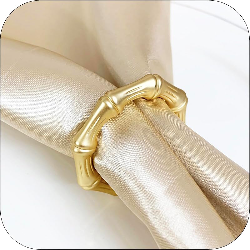 Gold Napkin Rings Set of 6 – Bamboo Style Metal Napkin Ring, Light Gold, 1.35in Inner Size (Variation: 6)