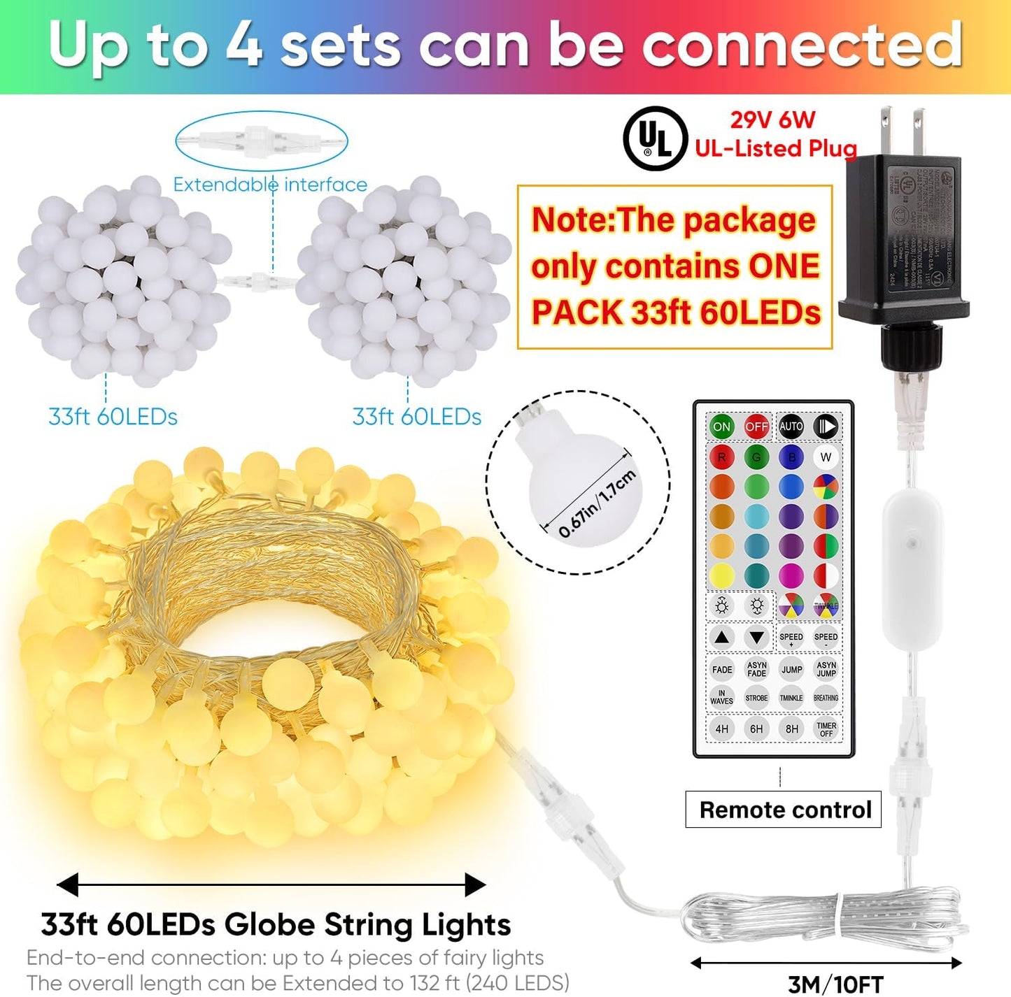 OMIKA 33FT Connectable Globe String Lights - 24 Color Changing Fairy Lights with Remote, 60 LEDs for Indoor/Outdoor Use