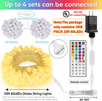 OMIKA 33FT Connectable Globe String Lights - 24 Color Changing Fairy Lights with Remote, 60 LEDs for Indoor/Outdoor Use