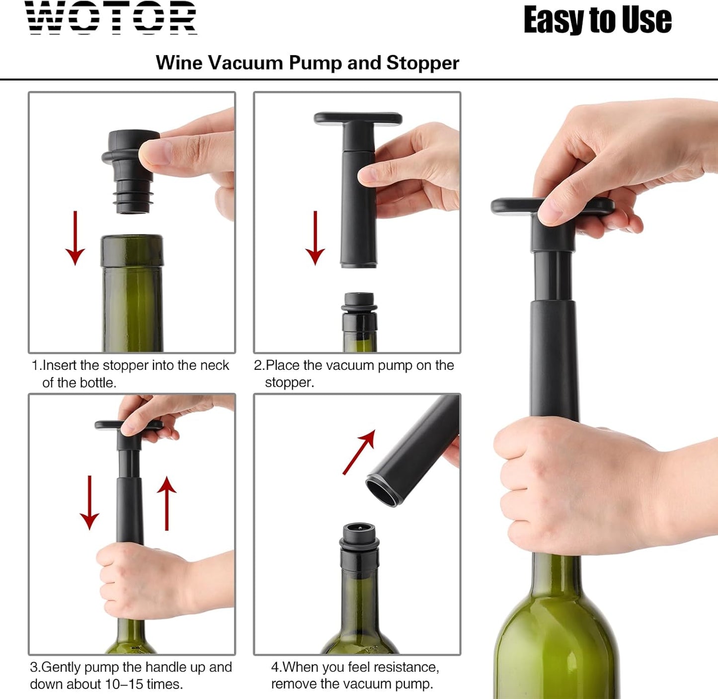 WOTOR Wine Saver Vacuum Pump with 4 Stoppers, Wine Stopper, Wine Preserver, Reusable Bottle Sealer Keeps Wine Fresh, Ideal Wine Accessories Gift