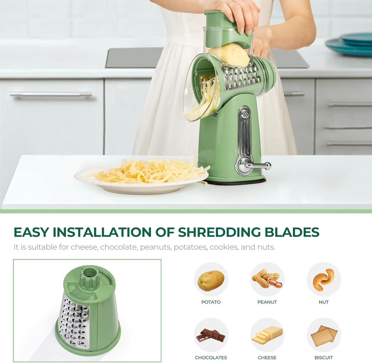 SUSTEAS Rotary Cheese Grater - Versatile Vegetable Shredder with 5 Blades & Strong Suction Base | Retro Green