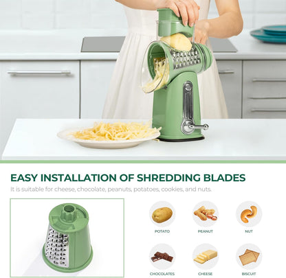 SUSTEAS Rotary Cheese Grater - Versatile Vegetable Shredder with 5 Blades & Strong Suction Base | Retro Green