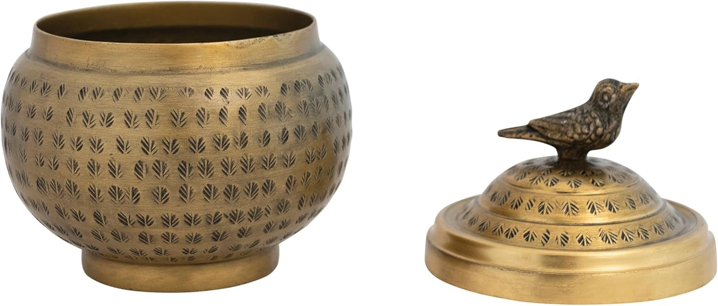 Regine Switzerland Round Hammered Metal Container - Elegant Bird Finial in Brass Finish
