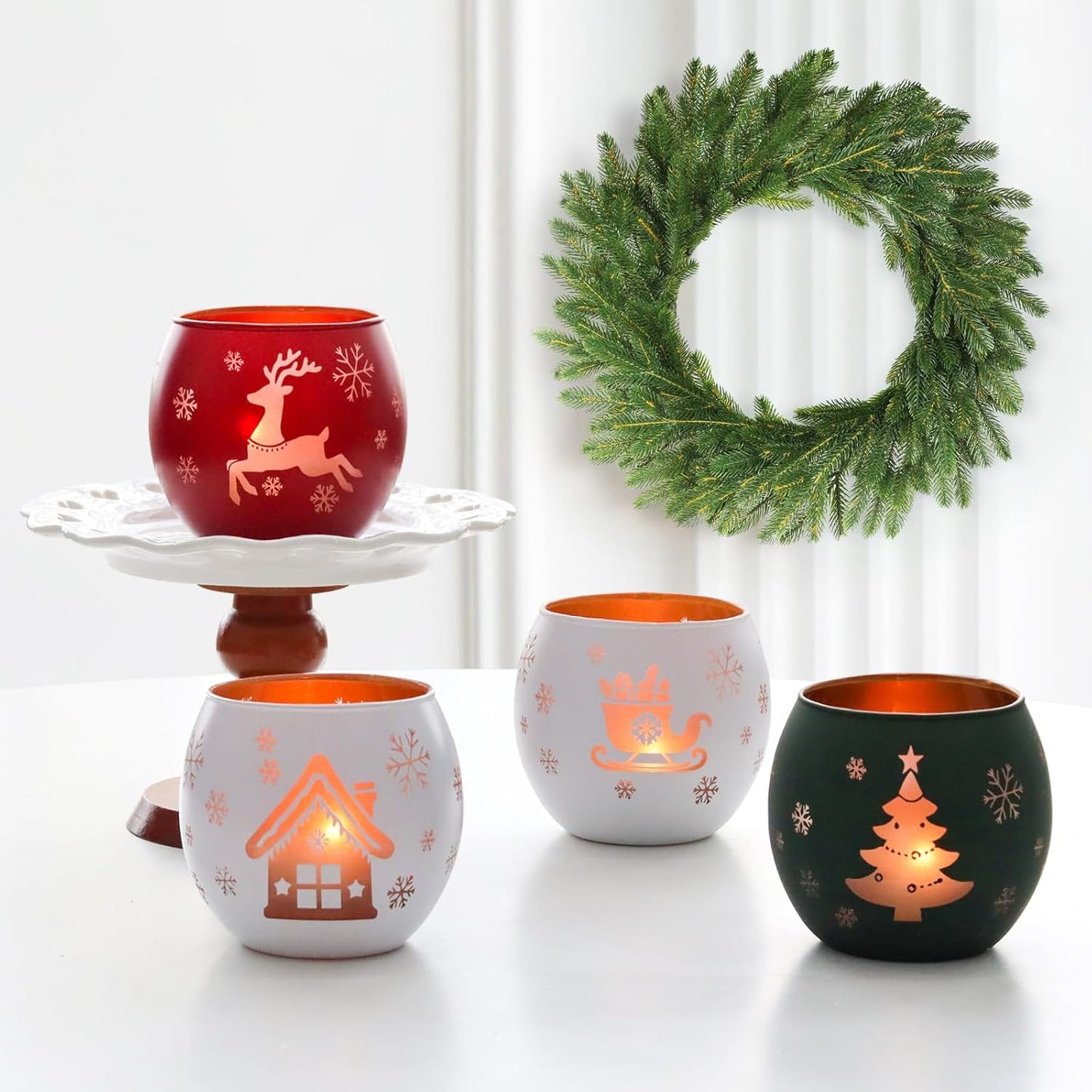 Skiennix Christmas Candle Holders - Set of 4 Frosted Glass Tealight Votives with Holiday Designs | Red, Green, White