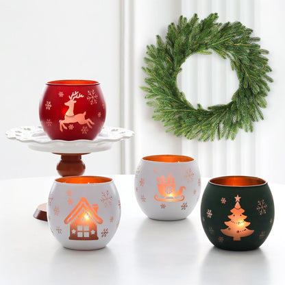 Skiennix Christmas Candle Holders - Set of 4 Frosted Glass Tealight Votives with Holiday Designs | Red, Green, White