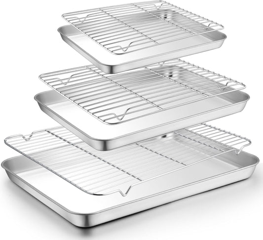 TeamFar Baking Sheet Set - 3 Stainless Steel Cookie Sheets with Racks | Non-Toxic, Heavy Duty, Dishwasher Safe, 19.6/16/12.5 Inch