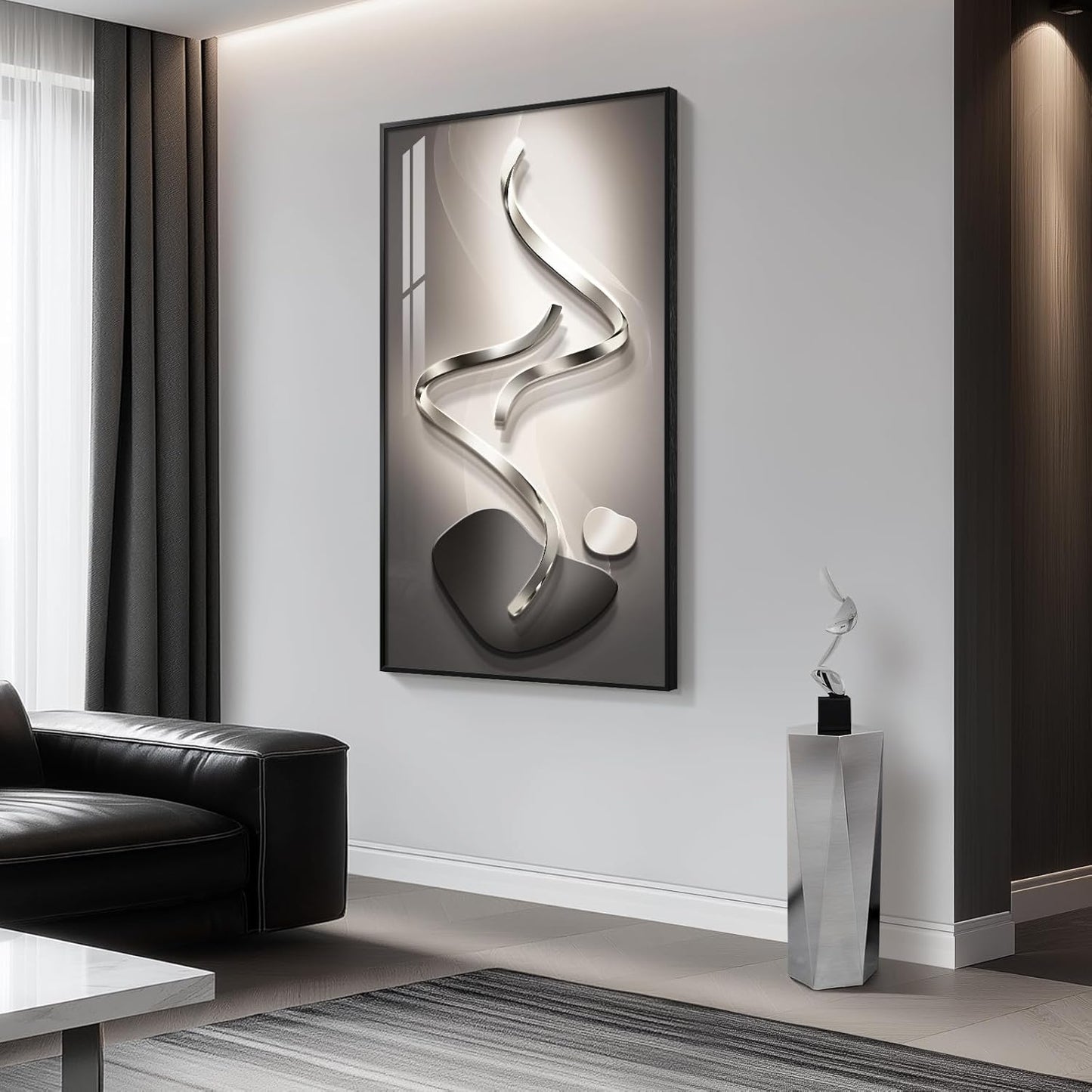 Modern Abstract Wall Art by [Brand Name] - Large 30x60 Inch Black & Grey Framed Prints for Living Room Decor