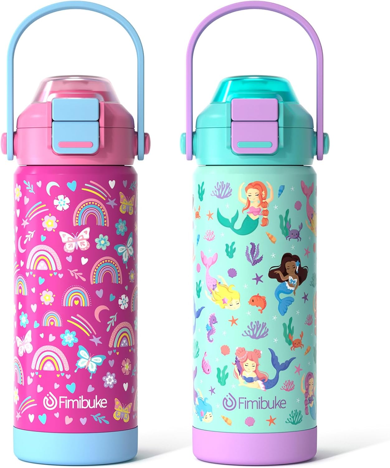 Skiennix Kids Insulated Water Bottle - 18oz Leak-Proof Stainless Steel Tumbler with 2-in-1 Lid | Rainbow & Mermaid Design