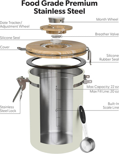 Veken Coffee Canister - Airtight Stainless Steel Storage Container with Window & Date Tracker | 22oz Cream