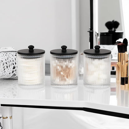 Skiennix 3-Pack Qtip Holder - Elegant Bathroom Organizers with Glass Apothecary Jars & Lids
