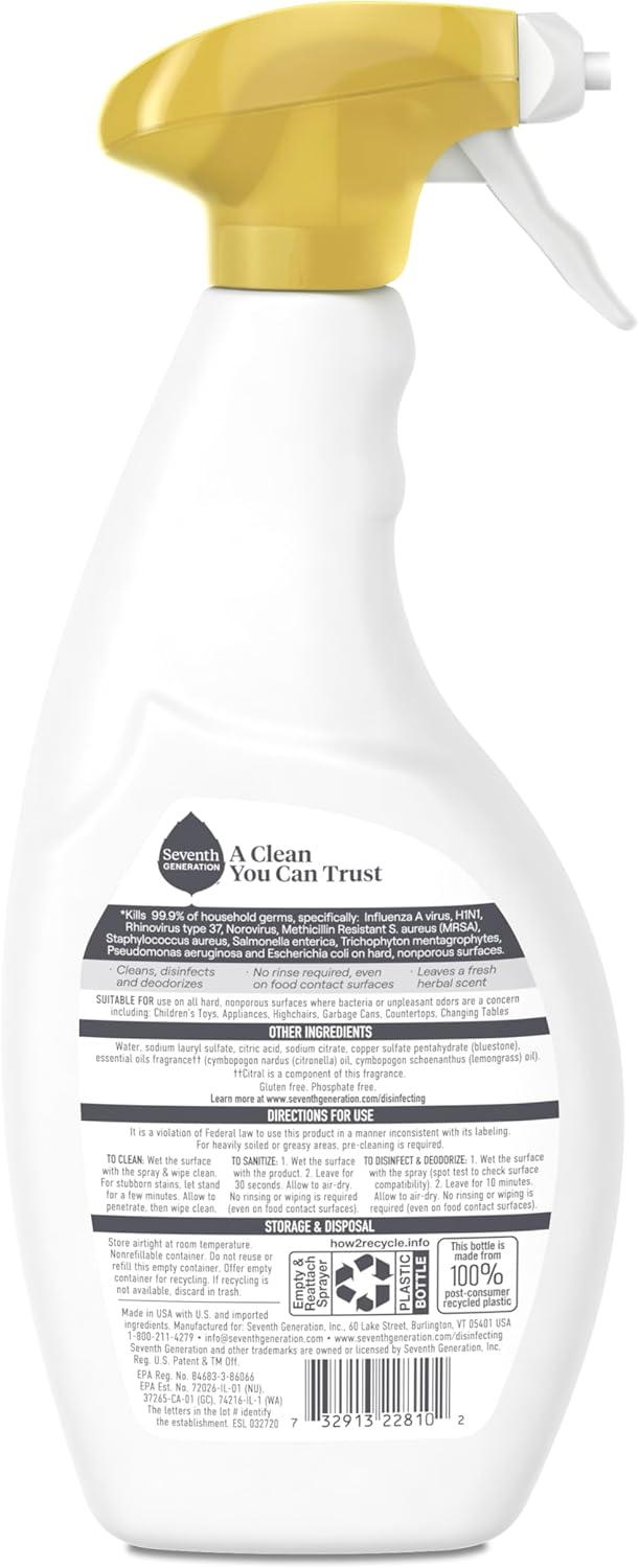 Seventh Generation Disinfecting Multi-Surface Cleaner - Lemongrass Citrus, 26 Oz | Pack of 4