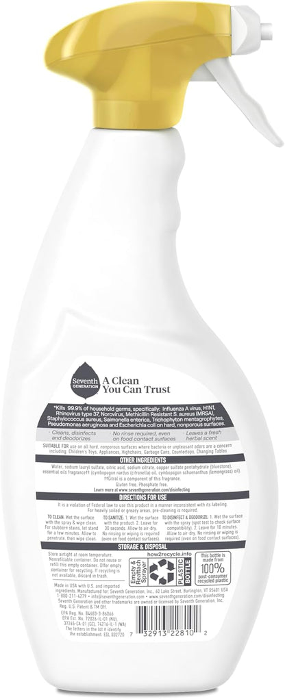 Seventh Generation Disinfecting Multi-Surface Cleaner - Lemongrass Citrus, 26 Oz | Pack of 4