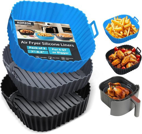 Komzon Silicone Air Fryer Liners - Reusable 3 PCS | Food Grade Square Basket Liners for 4-7 QT Ovens