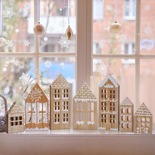 Briwooody 7-Piece Christmas Village Set - Wooden Gingerbread House Decor for Home & Office