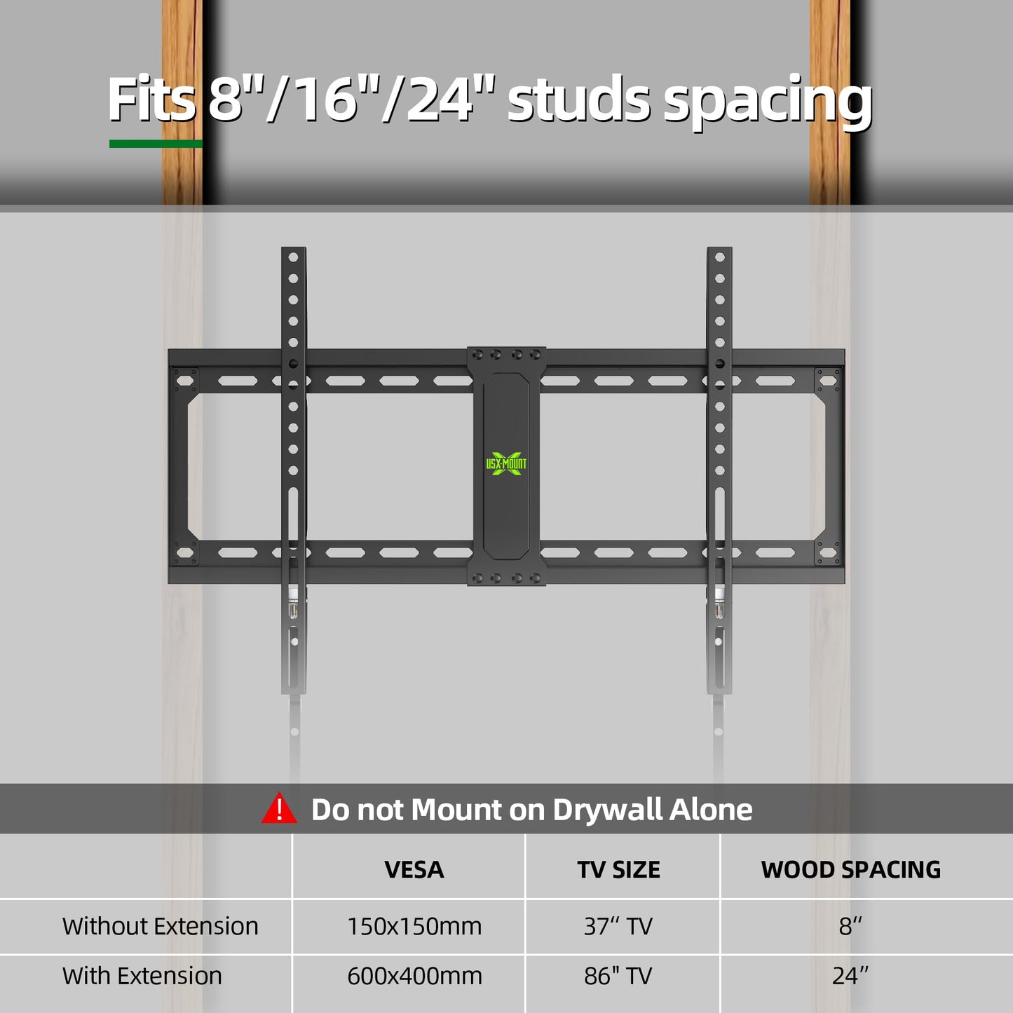USX MOUNT Fixed TV Wall Mount,Low Profile TV Mount for Most 37-86 Inch Flat Screen Televisions,Max VESA 600x400mm Wall Mount Bracket Holds up to 132 lbs,Fits 16"/18"/24" Wood Studs,Quick Release Lock