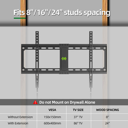 USX MOUNT Fixed TV Wall Mount,Low Profile TV Mount for Most 37-86 Inch Flat Screen Televisions,Max VESA 600x400mm Wall Mount Bracket Holds up to 132 lbs,Fits 16"/18"/24" Wood Studs,Quick Release Lock