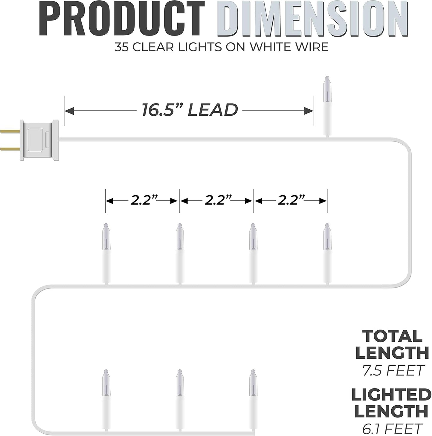 612 Vermont Christmas String Lights - Clear 35 Count on White Wire | UL Approved, 7.5 Ft Total Length