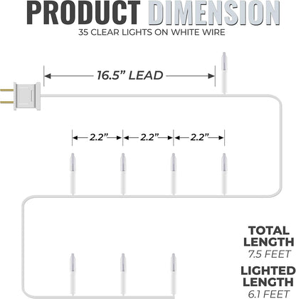 612 Vermont Christmas String Lights - Clear 35 Count on White Wire | UL Approved, 7.5 Ft Total Length