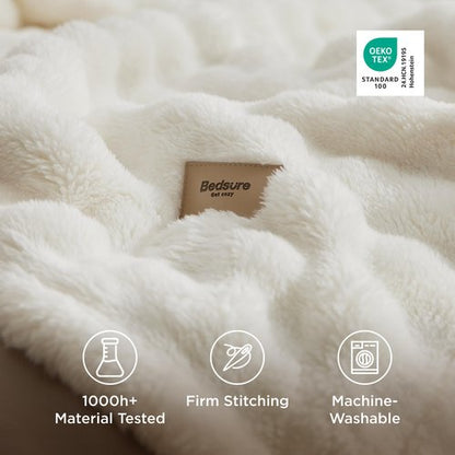 Bedsure 3D Fleece Bubble Blanket for Couch - GentleSoft White Spring Throw Mother's Day Blanket for Sofa Bed Room Decor - Luxury Soft Cozy Blanket Gifts for Kids, Lightweight, Off White, 50"×60"