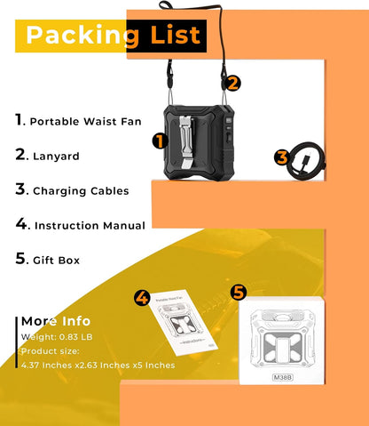 TUNISE Portable Fan - 5-Speed Dual-Sided Clip-On Wearable Waist Fan | 8000mAh Power Bank & Flashlight