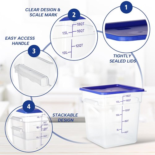 Clear NSF Food Storage Containers - 4 Pack, 18 Quart Square Polycarbonate with Lids & Scale