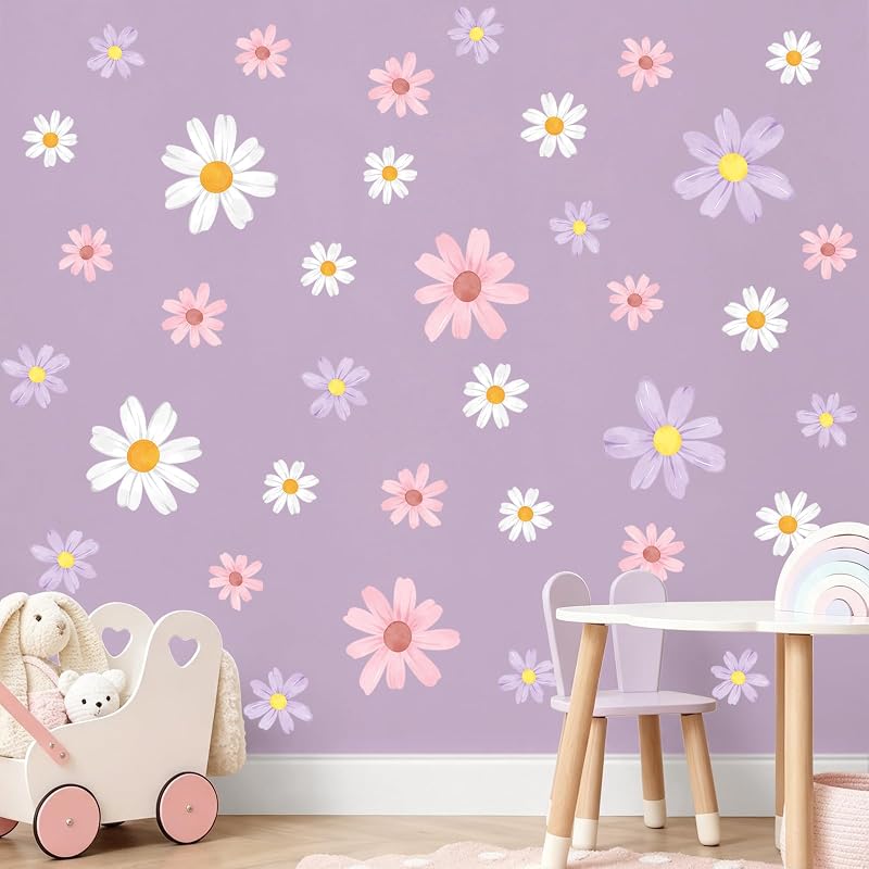 Tanlaby 9 Sheets Daisy Wall Decals – Watercolor Floral Stickers, Pink White Purple Variation