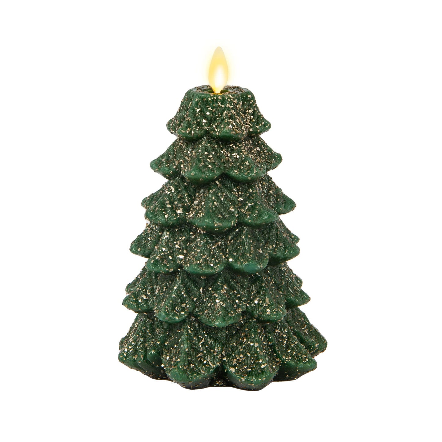 Luminara Christmas Tree Flameless LED Candle, Dark Green 4.7" x 6.5", Moving Flame Battery Operated Timer, Holiday Decor, Glitter Snow Finish Safe