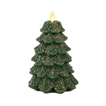 Luminara Christmas Tree Flameless LED Candle, Dark Green 4.7" x 6.5", Moving Flame Battery Operated Timer, Holiday Decor, Glitter Snow Finish Safe
