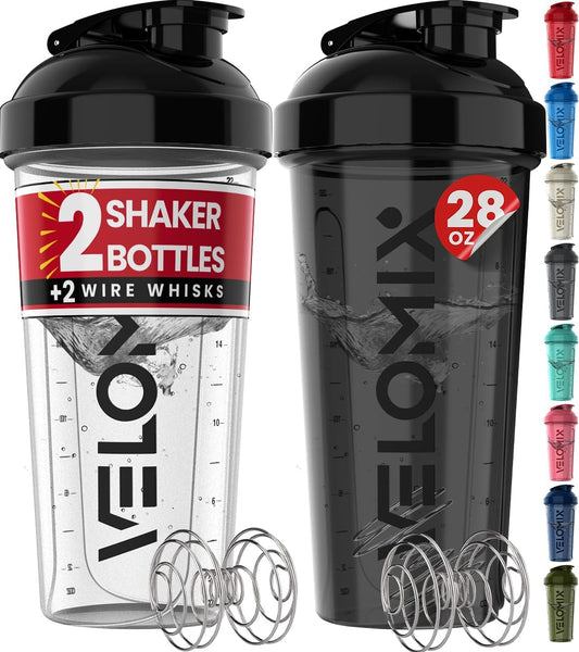 Velomix Protein Shaker Bottles - 28 oz Leak Proof Design with 2 Wire Whisks | 2-Pack (Black/Transparent)