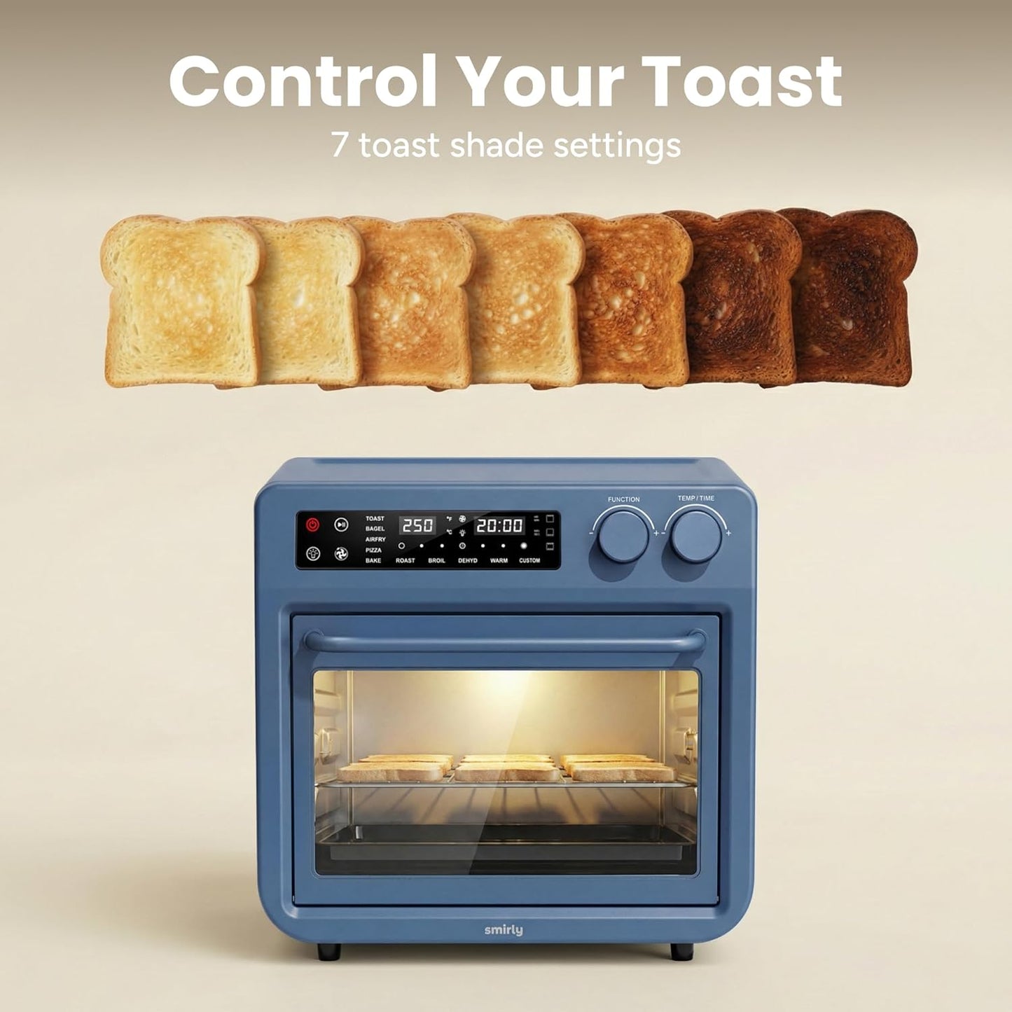 SMIRLY Digital Air Fryer Toaster Oven - 27QT Convection Oven | 10-in-1 Multi-Function, Fits 12" Pizza & 6 Slices of Toast, Stainless Steel, Blue