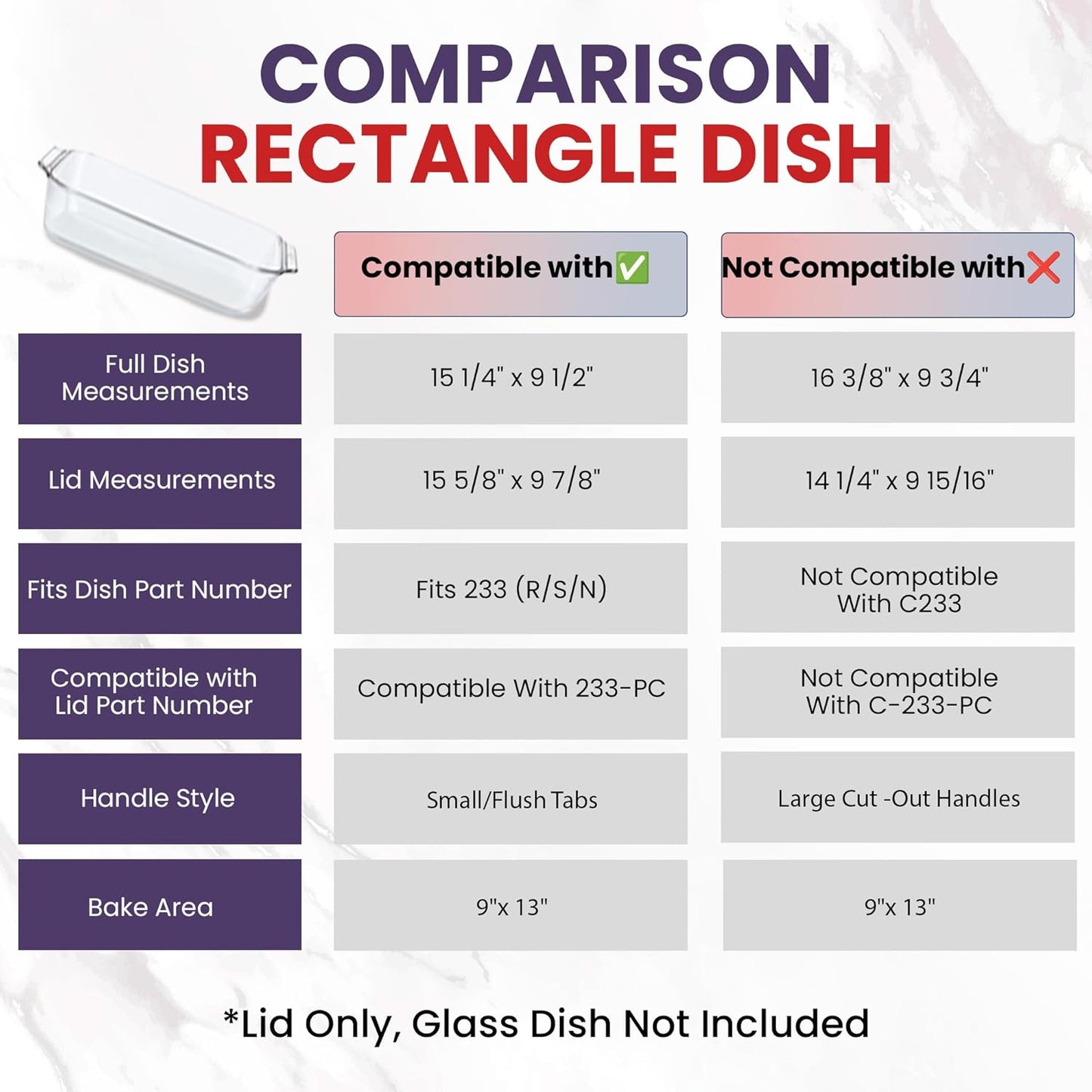 Pyrex Replacement Lid - Fits 9x13 Glass Casserole Baking Dish with Tab Handles | 3-Quart Model 233-PC (Purple)