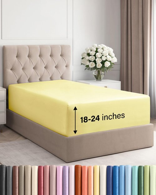 Extra Deep Twin Fitted Sheet - Hotel Luxury Single Fitted Sheet Only - Easily Fits 18 inch to 24 inch Mattress - Ultra Soft, Wrinkle Free w/Extra Deep Pockets - Easy-Care, Breathable & Comfy - Yellow