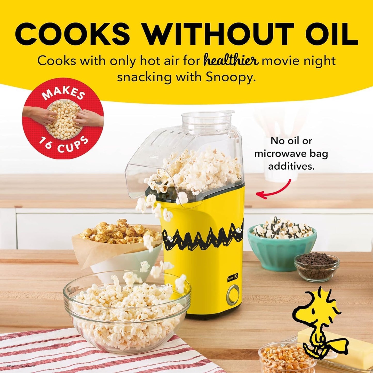 Peanuts DASH Fresh Pop Popcorn Maker - Oil-Free Air Popcorn Popper with Measuring Cup & Recipe Guide - 16 Cups for Movie Nights