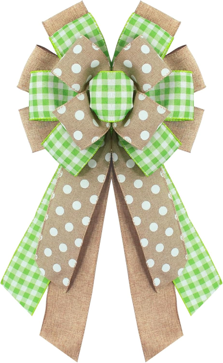 Regine Switzerland Spring Wreath Bow - Natural Green Dots & Buffalo Plaid Design | Perfect for Easter & Home Decor