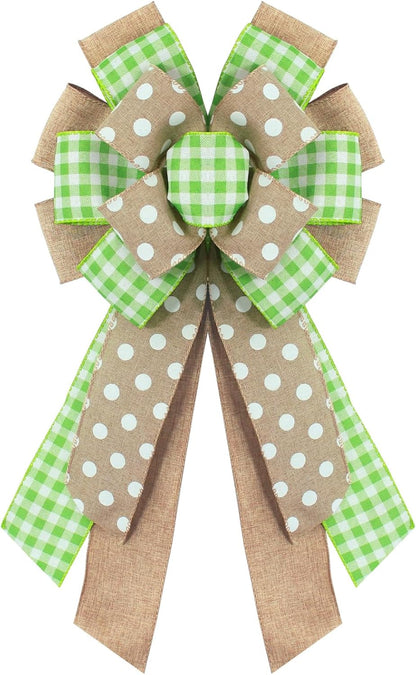 Regine Switzerland Spring Wreath Bow - Natural Green Dots & Buffalo Plaid Design | Perfect for Easter & Home Decor
