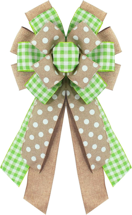 Regine Switzerland Spring Wreath Bow - Natural Green Dots & Buffalo Plaid Design | Perfect for Easter & Home Decor