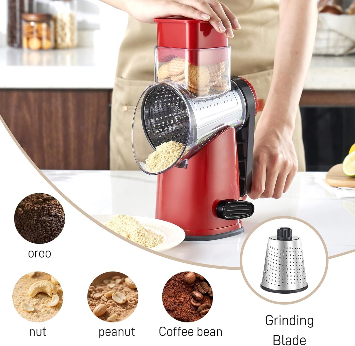 Rotary Cheese Grater by [Brand Name] - Large Hand Crank with 4 Blades & Suction Base | Red & Black