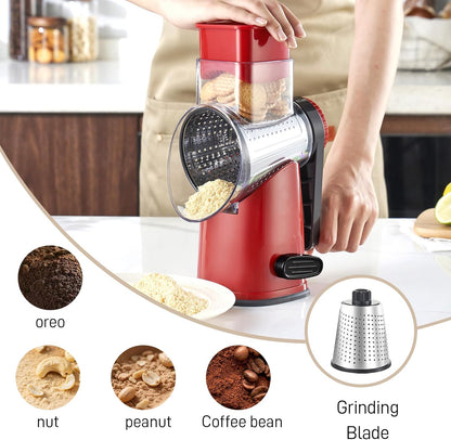 Rotary Cheese Grater by [Brand Name] - Large Hand Crank with 4 Blades & Suction Base | Red & Black