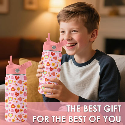 Skiennix Heart Pattern Kids Water Bottle - 16 Oz Stainless Steel Insulated Tumbler, Leak Proof, BPA-Free, Ideal for School & Travel