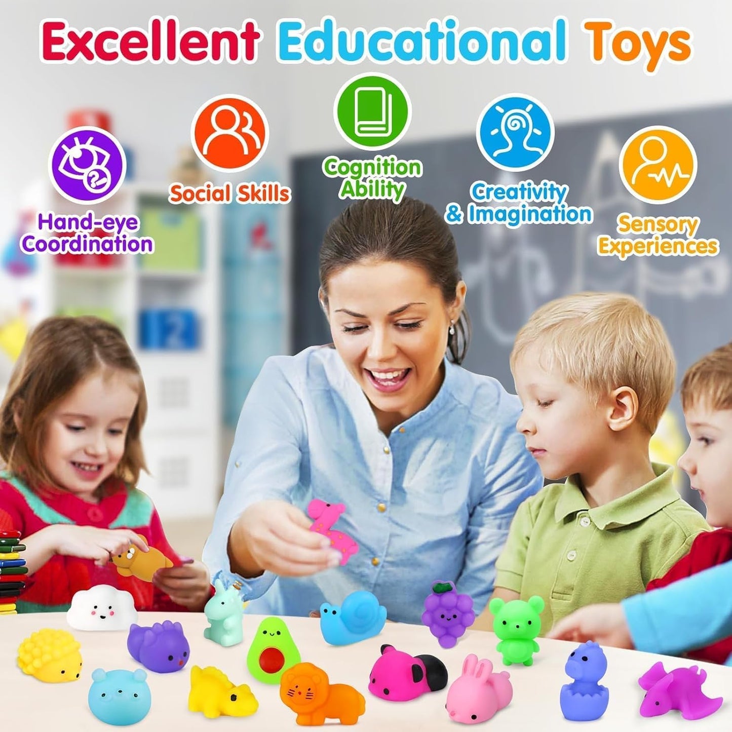 Yunaking 130PCS Kawaii Squishies - Stress Relief Fidget Toys for Kids | Perfect Party Favors & Classroom Prizes