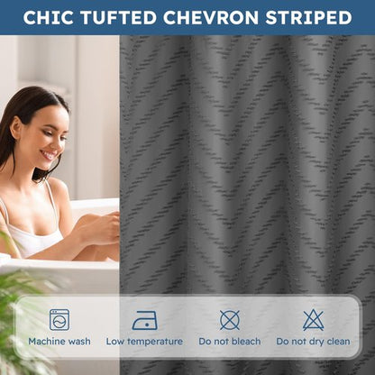 FADOTY No Hook Shower Curtain and Snap in Liner Set Grey Tufted Chevron Striped Cloth Waterproof Washable Fabric Boho Gray Bath Curtain with See Through Mesh Top Window for Bathroom Hotel 71" x 74"