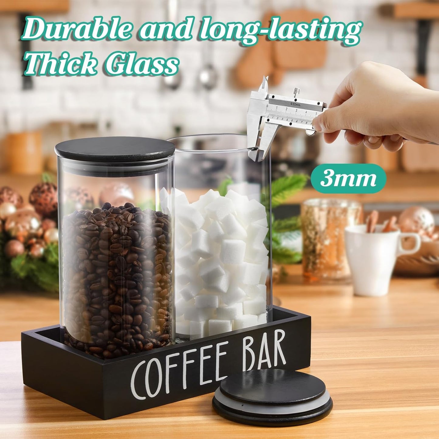 Skiennix Glass Coffee Canister Set - 2Pcs 45oz Airtight Containers with Bamboo Lids & Black Tray | Farmhouse Decor