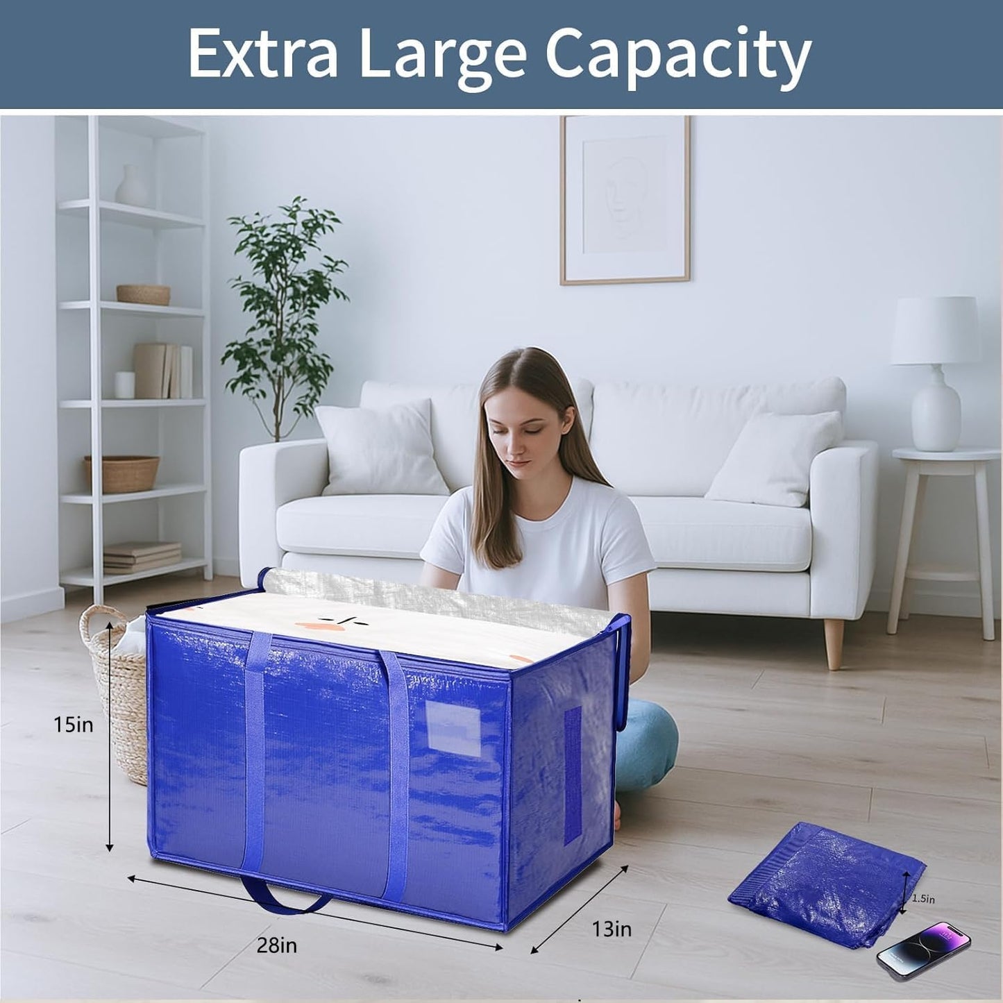 Skiennix Extra Large Heavy Duty Moving Bags - Waterproof Storage Totes with Zippers & Handles | 6 Pack (Blue)
