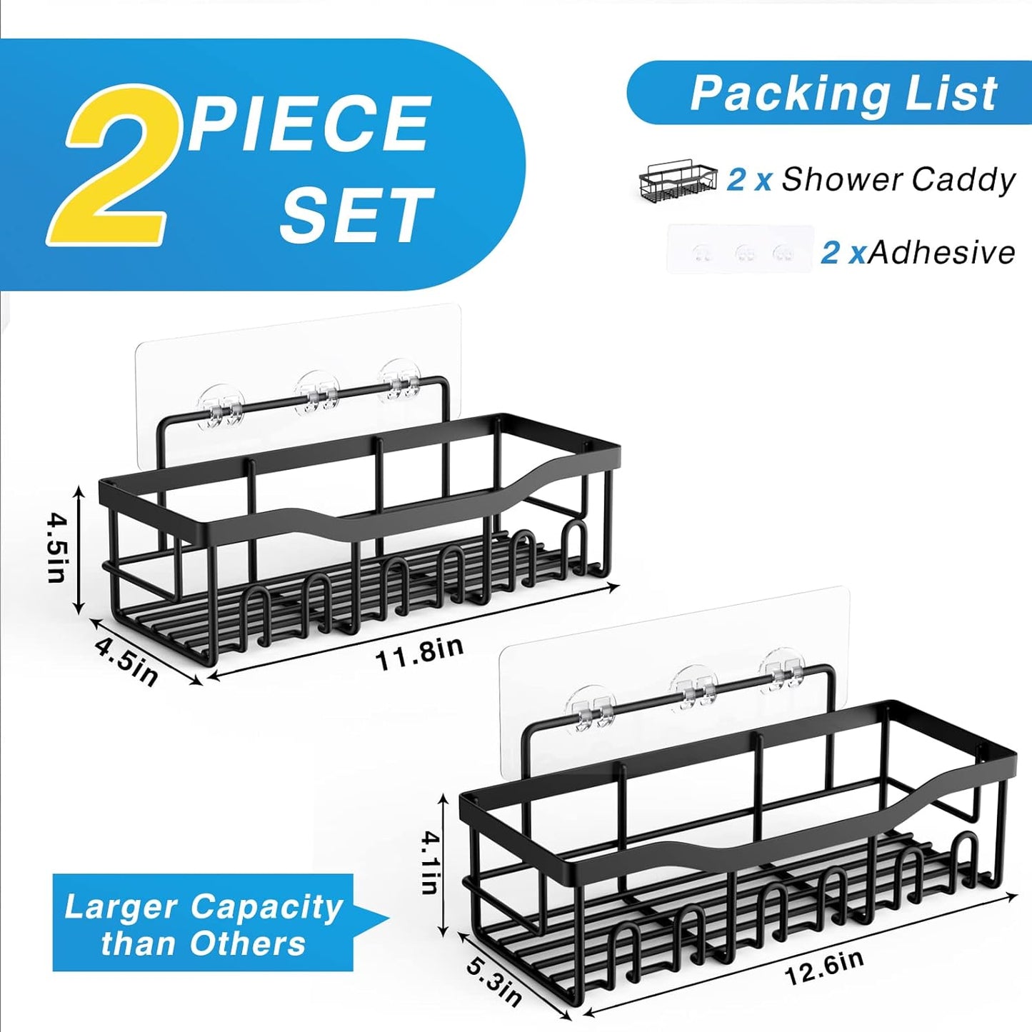 Skiennix Shower Caddy - Adhesive Bathroom Organizer with Large Capacity | Rustproof Stainless Steel, 2 Pack